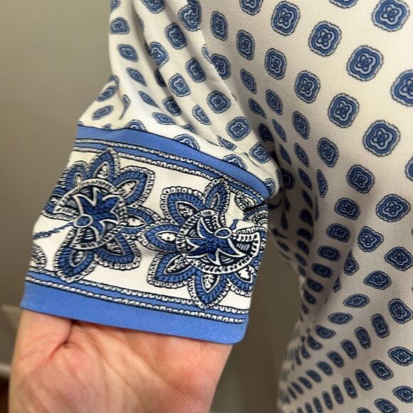 Michael Kors Blue and White Sheath Dress with Cuffed Sleeves - Picture 3 of 5